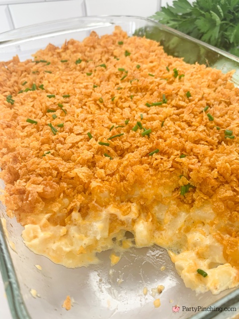 Easy Cheesy Funeral Potatoes, best easy quick funeral potatoes casserole recipe, cheesy casserole with corn flake topping casserole, best easy potluck side dish holiday meal Christmas Thanksgiving Christmas church potluck casserole recipe for a crowd idea, best easy to make comfort food casserole recipe
