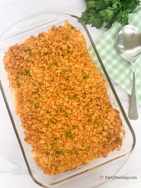 Easy Cheesy Funeral Potatoes, best easy quick funeral potatoes casserole recipe, cheesy casserole with corn flake topping casserole, best easy potluck side dish holiday meal Christmas Thanksgiving Christmas church potluck casserole recipe for a crowd idea, best easy to make comfort food casserole recipe