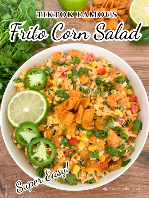 Easy Frito Corn Salad, super easy tiktok viral Frito Corn salad dip, easy fast Frito Chili Cheese Corn salad can corn, best potluck picnic 4th of July easy food recipes for a crowd, best easy quick fast Frito Corn salad dip recipe