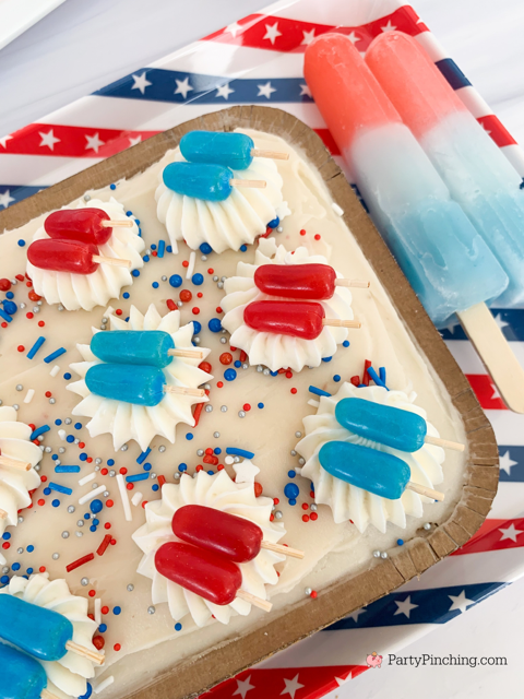 Trader Joe's Patriotic Popsicle Mini Sheet Cake, Best Trader Joe's cake hack for the 4th of July, Easy cute 4th of July Trader Joe's Cake with Mike & Ike's red white and blue popsicles, easy popsicle cake, original popsicle cupcakes, easy Trader Joe's mini cake hacks