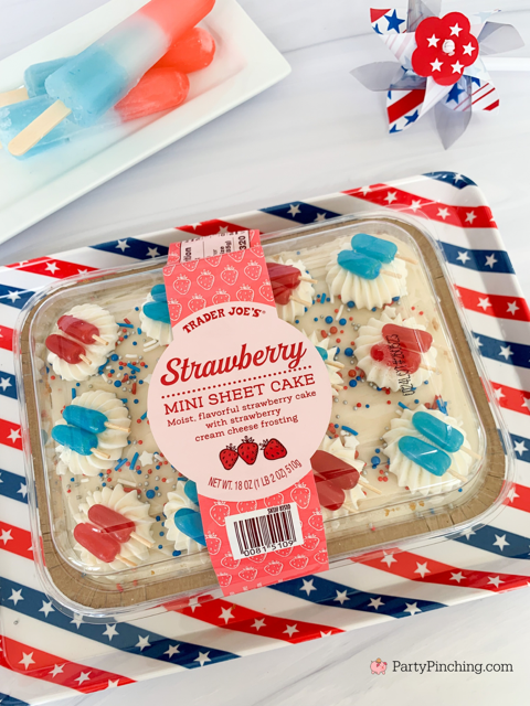 Trader Joe's Patriotic Popsicle Mini Sheet Cake, Best Trader Joe's cake hack for the 4th of July, Easy cute 4th of July Trader Joe's Cake with Mike & Ike's red white and blue popsicles, easy popsicle cake, original popsicle cupcakes, easy Trader Joe's mini cake hacks