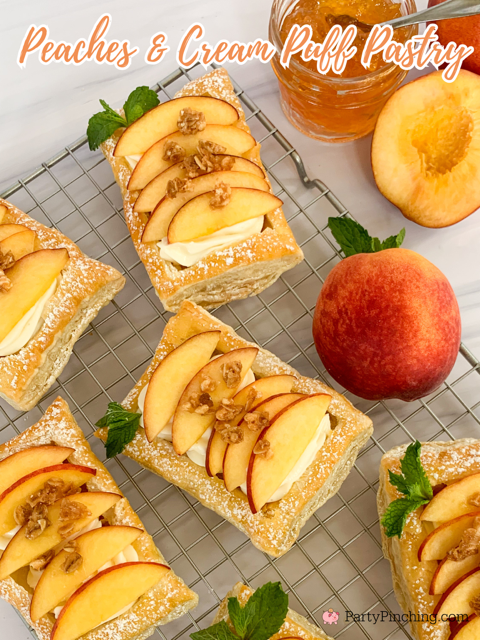 Peaches and Cream Puff Pastry, easy puff pastry recipe, easy fast cream cheese whipping cream filling recipe, best easy fresh peaches and cream pastry recipe, Sunbelt Bakery peaches and cream granola bar, peaches and cream puff pastry with peach preserves, easy best summer dessert ideas, fresh peach dessert recipes easy best
