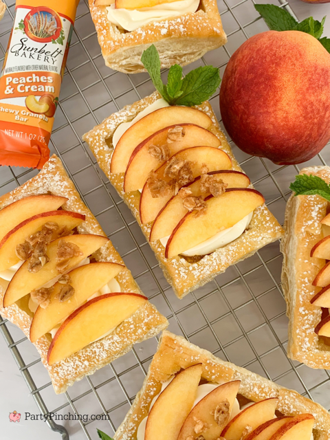 Peaches and Cream Puff Pastry, easy puff pastry recipe, easy fast cream cheese whipping cream filling recipe, best easy fresh peaches and cream pastry recipe, Sunbelt Bakery peaches and cream granola bar, peaches and cream puff pastry with peach preserves, easy best summer dessert ideas, fresh peach dessert recipes easy best