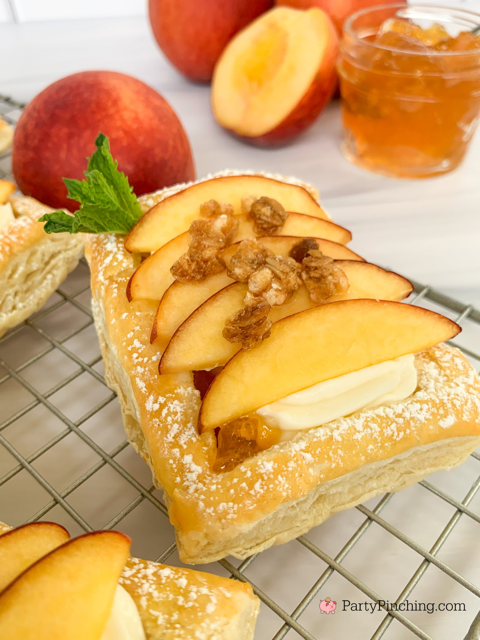 Peaches and Cream Puff Pastry, easy puff pastry recipe, easy fast cream cheese whipping cream filling recipe, best easy fresh peaches and cream pastry recipe, Sunbelt Bakery peaches and cream granola bar, peaches and cream puff pastry with peach preserves, easy best summer dessert ideas, fresh peach dessert recipes easy best