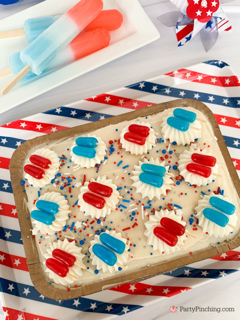 Trader Joe's Patriotic Popsicle Mini Sheet Cake, Best Trader Joe's cake hack for the 4th of July, Easy cute 4th of July Trader Joe's Cake with Mike & Ike's red white and blue popsicles, easy popsicle cake, original popsicle cupcakes, easy Trader Joe's mini cake hacks