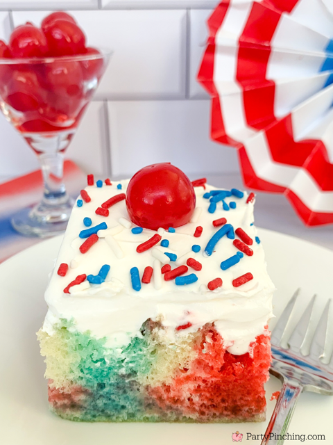 best easy Patriotic Poke Cake, easy 4th of July Poke cake, best 4th of July food dessert recipe, best 4th of July picnic recipe dessert ideas, memorial day veteran's day cake, red white and blue cake, easy best red white and blue food recipe ideas, red and blue Jello poke cake