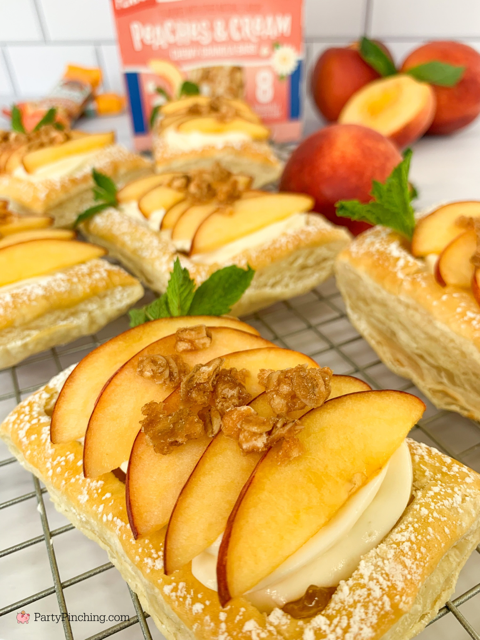 Peaches and Cream Puff Pastry, easy puff pastry recipe, easy fast cream cheese whipping cream filling recipe, best easy fresh peaches and cream pastry recipe, Sunbelt Bakery peaches and cream granola bar, peaches and cream puff pastry with peach preserves, easy best summer dessert ideas, fresh peach dessert recipes easy best