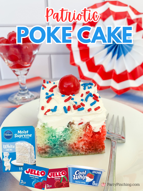 best easy Patriotic Poke Cake, easy 4th of July Poke cake, best 4th of July food dessert recipe, best 4th of July picnic recipe dessert ideas, memorial day veteran's day cake, red white and blue cake, easy best red white and blue food recipe ideas, red and blue Jello poke cake