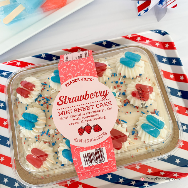 Trader Joe's Patriotic Popsicle Mini Sheet Cake, Best Trader Joe's cake hack for the 4th of July, Easy cute 4th of July Trader Joe's Cake with Mike & Ike's red white and blue popsicles, easy popsicle cake, original popsicle cupcakes, easy Trader Joe's mini cake hacks