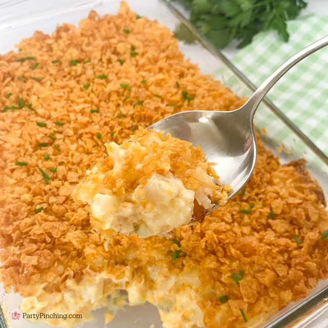 Easy Cheesy Funeral Potatoes, best easy quick funeral potatoes casserole recipe, cheesy casserole with corn flake topping casserole, best easy potluck side dish holiday meal Christmas Thanksgiving Christmas church potluck casserole recipe for a crowd idea, best easy to make comfort food casserole recipe