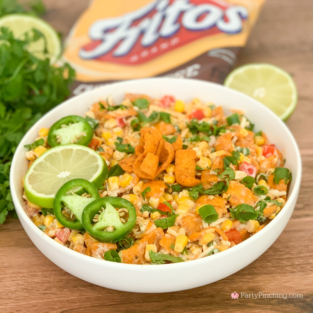 Easy Frito Corn Salad, super easy tiktok viral Frito Corn salad dip, easy fast Frito Chili Cheese Corn salad can corn, best potluck picnic 4th of July easy food recipes for a crowd, best easy quick fast Frito Corn salad dip recipe