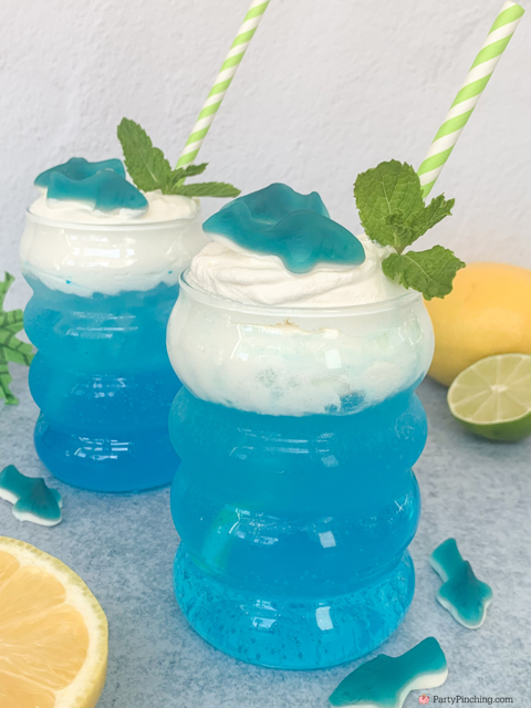 coconut cloud shark lemonade drink, best easy shark drink, shark attack drink, shark mocktail drink, shark alcoholic vodka shark lemonade drink, coconut cold foam, easy best shark week recipes, summer beach drinks easy to make for kids and adults