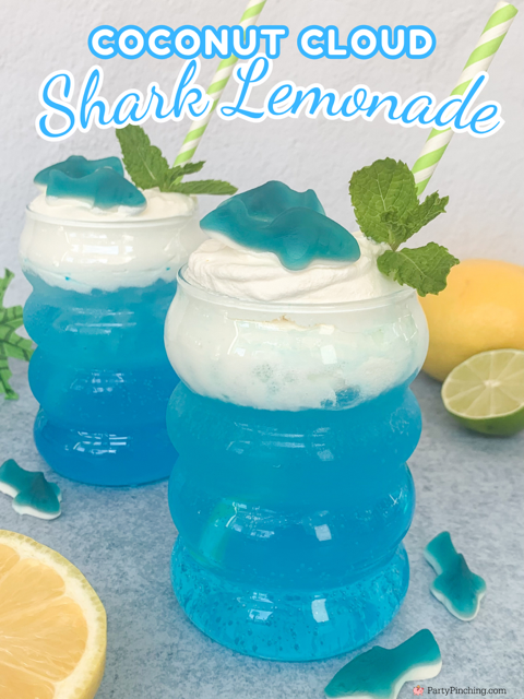 coconut cloud shark lemonade drink, best easy shark drink, shark attack drink, shark mocktail drink, shark alcoholic vodka shark lemonade drink, coconut cold foam, easy best shark week recipes, summer beach drinks easy to make for kids and adults