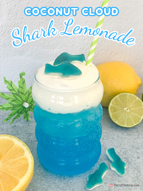coconut cloud shark lemonade drink, best easy shark drink, shark attack drink, shark mocktail drink, shark alcoholic vodka shark lemonade drink, coconut cold foam, easy best shark week recipes, summer beach drinks easy to make for kids and adults