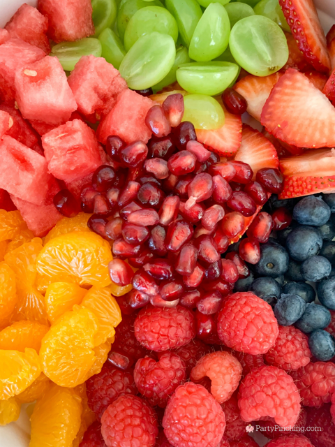 Summer Fruit Salad with Honey Citrus Dressing, easy best fruit salad recipe, quick easy fruit salad for a crowd picnics potlucks BBQ church sides, watermelon strawberry blueberry mandarin orange grapes pomegranate raspberry salad, best ever summer fruit salad refreshing pretty rainbow fruit salad