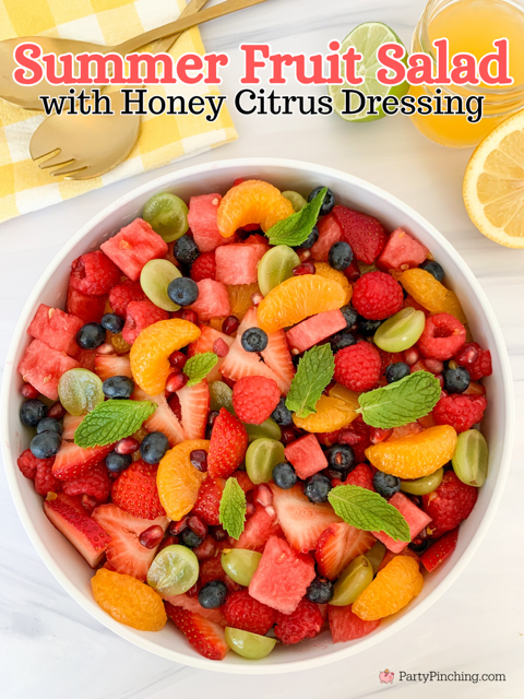 Summer Fruit Salad with Honey Citrus Dressing, easy best fruit salad recipe, quick easy fruit salad for a crowd picnics potlucks BBQ church sides, watermelon strawberry blueberry mandarin orange grapes pomegranate raspberry salad, best ever summer fruit salad refreshing pretty rainbow fruit salad