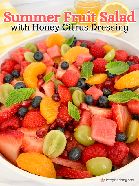 Summer Fruit Salad with Honey Citrus Dressing, easy best fruit salad recipe, quick easy fruit salad for a crowd picnics potlucks BBQ church sides, watermelon strawberry blueberry mandarin orange grapes pomegranate raspberry salad, best ever summer fruit salad refreshing pretty rainbow fruit salad