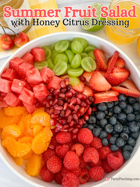 Summer Fruit Salad with Honey Citrus Dressing, easy best fruit salad recipe, quick easy fruit salad for a crowd picnics potlucks BBQ church sides, watermelon strawberry blueberry mandarin orange grapes pomegranate raspberry salad, best ever summer fruit salad refreshing pretty rainbow fruit salad