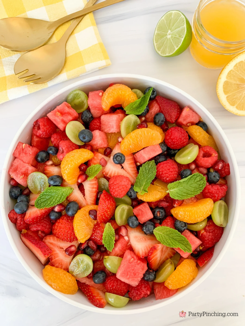 Summer Fruit Salad with Honey Citrus Dressing, easy best fruit salad recipe, quick easy fruit salad for a crowd picnics potlucks BBQ church sides, watermelon strawberry blueberry mandarin orange grapes pomegranate raspberry salad, best ever summer fruit salad refreshing pretty rainbow fruit salad