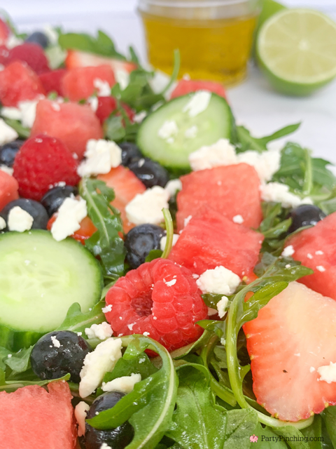 the best arugula salad, best berry watermelon feta arugula salad with cucumber, best easy summer salad, best arugula salad recipes, baby arugula salad recipe, Trader Joe's baby arugula