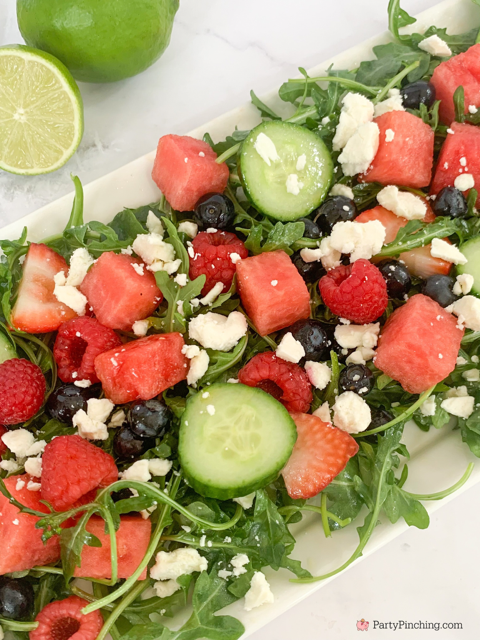 the best arugula salad, best berry watermelon feta arugula salad with cucumber, best easy summer salad, best arugula salad recipes, baby arugula salad recipe, Trader Joe's baby arugula