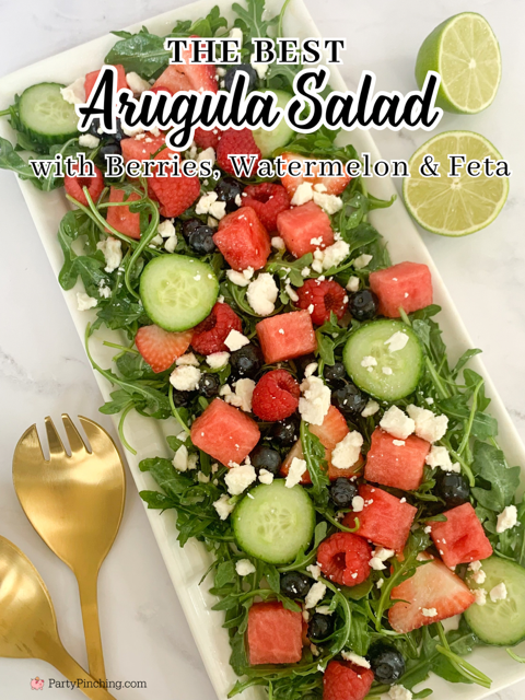 the best arugula salad, best berry watermelon feta arugula salad with cucumber, best easy summer salad, best arugula salad recipes, baby arugula salad recipe, Trader Joe's baby arugula