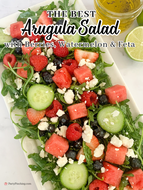 the best arugula salad, best berry watermelon feta arugula salad with cucumber, best easy summer salad, best arugula salad recipes, baby arugula salad recipe, Trader Joe's baby arugula