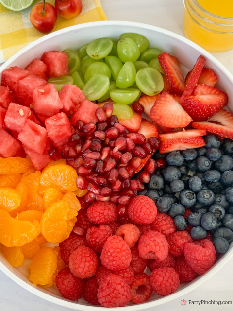 Summer Fruit Salad with Honey Citrus Dressing, easy best fruit salad recipe, quick easy fruit salad for a crowd picnics potlucks BBQ church sides, watermelon strawberry blueberry mandarin orange grapes pomegranate raspberry salad, best ever summer fruit salad refreshing pretty rainbow fruit salad