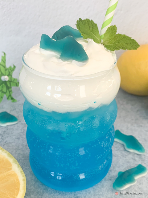 coconut cloud shark lemonade drink, best easy shark drink, shark attack drink, shark mocktail drink, shark alcoholic vodka shark lemonade drink, coconut cold foam, easy best shark week recipes, summer beach drinks easy to make for kids and adults, best easy summer drink dirty lemonade recipe