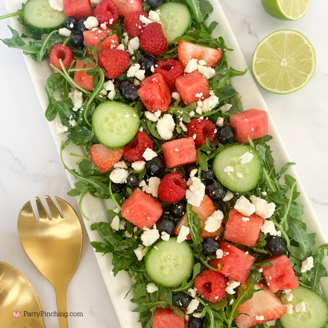 the best arugula salad, best berry watermelon feta arugula salad with cucumber, best easy summer salad, best arugula salad recipes, baby arugula salad recipe, Trader Joe's baby arugula