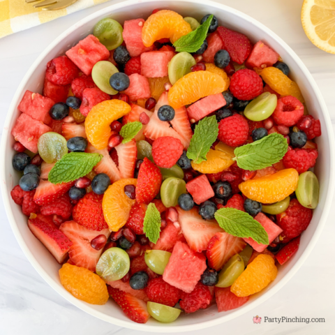 Summer Fruit Salad with Honey Citrus Dressing, easy best fruit salad recipe, quick easy fruit salad for a crowd picnics potlucks BBQ church sides, watermelon strawberry blueberry mandarin orange grapes pomegranate raspberry salad, best ever summer fruit salad refreshing pretty rainbow fruit salad