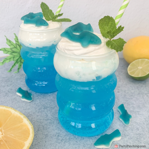 coconut cloud shark lemonade drink, best easy shark drink, shark attack drink, shark mocktail drink, shark alcoholic vodka shark lemonade drink, coconut cold foam, easy best shark week recipes, summer beach drinks easy to make for kids and adults