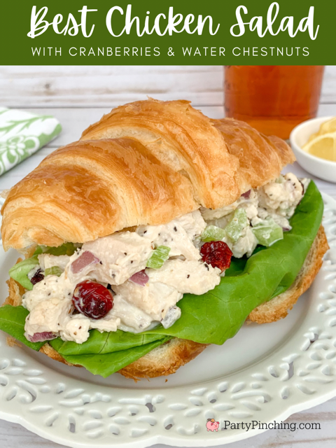 best chicken salad ever, water chestnut and cranberry chicken salad, best chicken salad sandwich recipe, dried cranberry craisins chicken salad, chicken salad with water chestnuts, best Savannah chicken salad, best southern chicken salad, best southern grandma mom chicken salad sandwich recipe