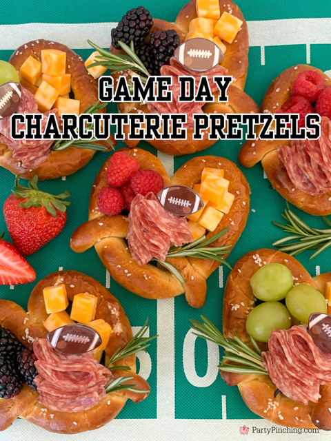 Football Charcuterie Pretzels, Game Day Charcuterie Pretzels, best easy appetizers snack food for the Big Game Super Bowl, best easy quick food recipes for football game day watch party, best easy snack food appetizer recipes for a crowd or party