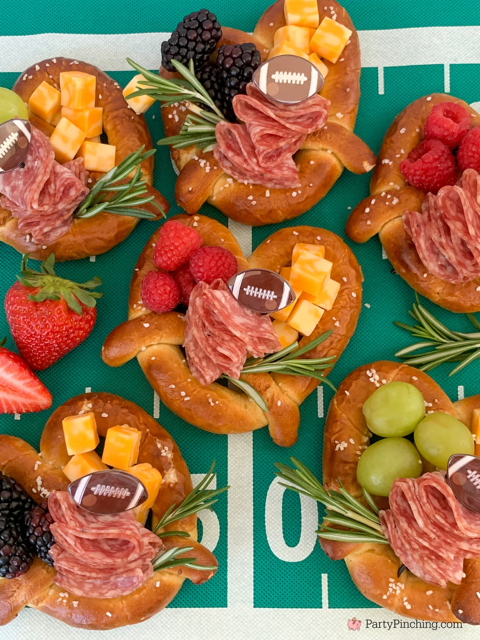 Football Charcuterie Pretzels, Game Day Charcuterie Pretzels, best easy appetizers snack food for the Big Game Super Bowl, best easy quick food recipes for football game day watch party, best easy snack food appetizer recipes for a crowd or party