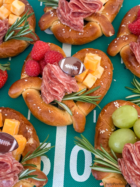 Football Charcuterie Pretzels, Game Day Charcuterie Pretzels, best easy appetizers snack food for the Big Game Super Bowl, best easy quick food recipes for football game day watch party, best easy snack food appetizer recipes for a crowd or party