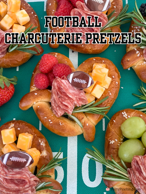 Football Charcuterie Pretzels, Game Day Charcuterie Pretzels, best easy appetizers snack food for the Big Game Super Bowl, best easy quick food recipes for football game day watch party, best easy snack food appetizer recipes for a crowd or party