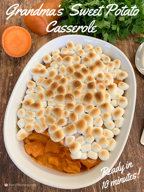 Grandma's Sweet Potato Casserole, Easy side dish for Thanksgiving, holiday dinner side dish, 10 minute side dish, 4 ingredient side dish for the holidays Thanksgiving, microwave sweet potato casserole, best easy sweet potato casserole for Thanksgiving, mama's Thanksgiving sweet potato casserole, no bake sweet potato casserole, canned yam sweet potato casserole easy quick best 10 minutes microwave