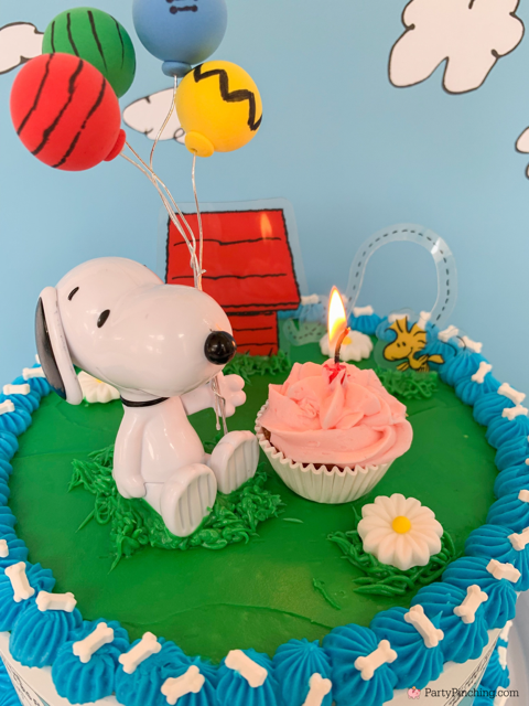 Snoopy Birthday Cake, easy best Snoopy Birthday Cake, Snoopy Peanuts comic strip cake, cute Snoopy Birthday cake with bone sprinkles, Snoopy holding balloons birthday cake Woodstock doghouse