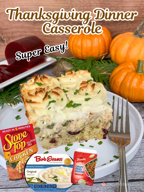 Thanksgiving dinner casserole, easy best Thanksgiving casserole, small batch Thanksgiving dinner for 2, Thanksgiving casserole for 2, easy leftover Thanksgiving casserole, turkey chicken green bean casserole stuffing mashed potatoes gravy