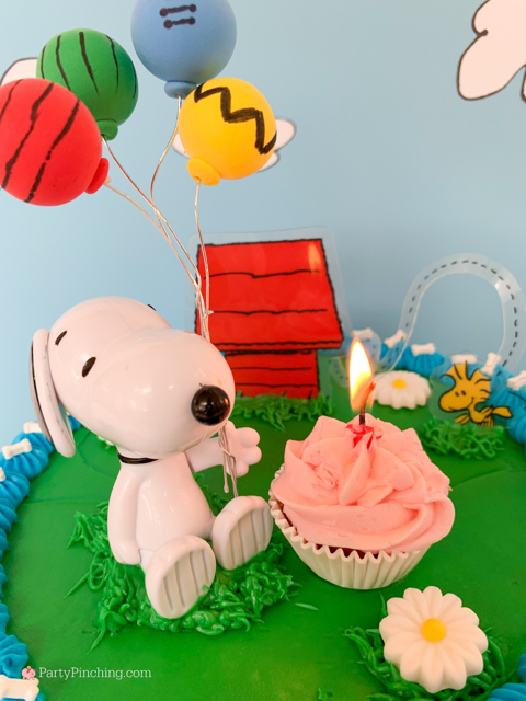 Snoopy Birthday Cake, easy best Snoopy Birthday Cake, Snoopy Peanuts comic strip cake, cute Snoopy Birthday cake with bone sprinkles, Snoopy holding balloons birthday cake Woodstock doghouse