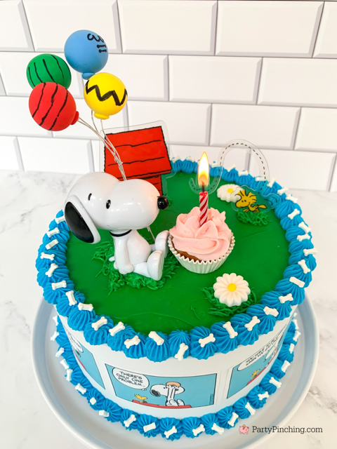 Snoopy Birthday Cake, easy best Snoopy Birthday Cake, Snoopy Peanuts comic strip cake, cute Snoopy Birthday cake with bone sprinkles, Snoopy holding balloons birthday cake Woodstock doghouse
