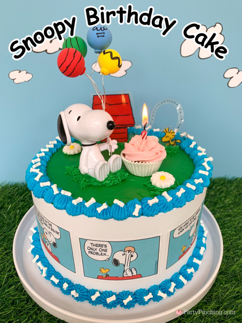 Snoopy Birthday Cake, easy best Snoopy Birthday Cake, Snoopy Peanuts comic strip cake, cute Snoopy Birthday cake with bone sprinkles, Snoopy holding balloons birthday cake Woodstock doghouse