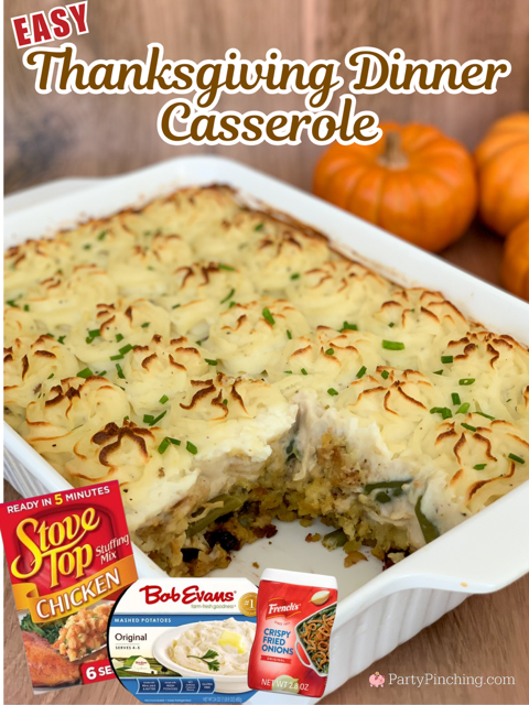 Easy Thanksgiving dinner casserole, easy best Thanksgiving casserole, small batch Thanksgiving dinner for 2, Thanksgiving casserole for 2, easy leftover Thanksgiving casserole, turkey chicken green bean casserole stuffing mashed potatoes gravy