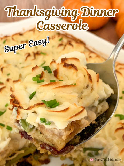 Easy Thanksgiving dinner casserole, easy best Thanksgiving casserole, small batch Thanksgiving dinner for 2, Thanksgiving casserole for 2, easy leftover Thanksgiving casserole, turkey chicken green bean casserole stuffing mashed potatoes gravy