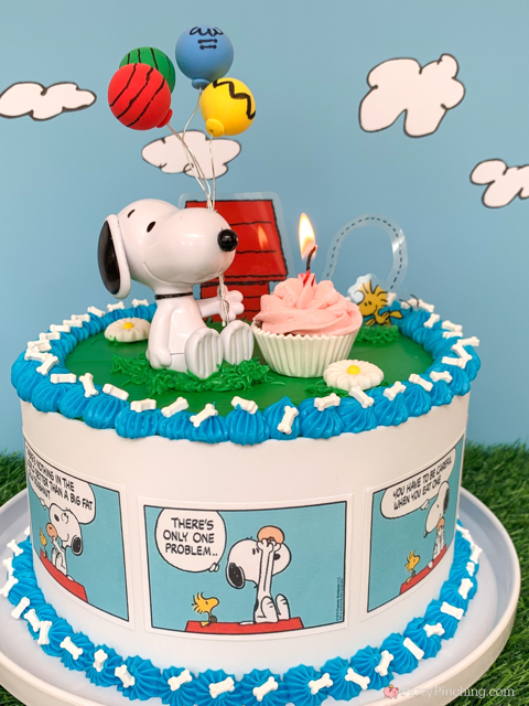 Snoopy Birthday Cake, easy best Snoopy Birthday Cake, Snoopy Peanuts comic strip cake, cute Snoopy Birthday cake with bone sprinkles, Snoopy holding balloons birthday cake Woodstock doghouse