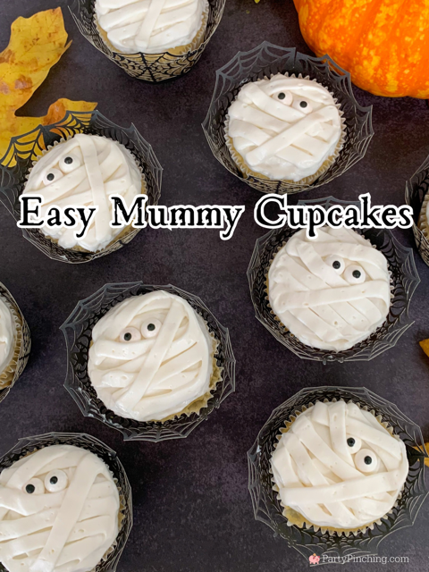 Easy Mummy Cupcakes, best easy Halloween treat cupcake ideas, cute mummy cupcakes, no decorating skill required mummy cupcakes, best easy Halloween treat cupcake dessert recipe ideas for kids and adults