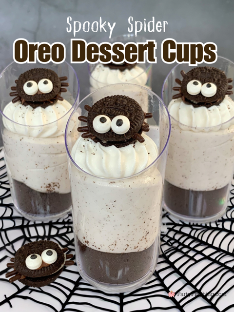 spooky spider Oreo Dessert cups, cute easy Oreo dessert cups, mini dessert cups for Halloween mini Oreos, Mini Oreo spiders, easy to make no bake Halloween dessert recipe ideas, best easy Halloween recipe, cute Halloween dessert ideas fun for kids easy to make, cookies and cream dessert cups Oreo Halloween