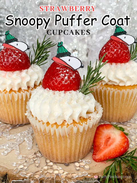 Strawberry Snoopy Puffer Jacket Cupcakes, best easy Snoopy cupcakes, Snoopy, Snoopy lovers, Snoopy Puffer jacket, best easy holiday cupcake recipe, Puffer Coat Snoopy