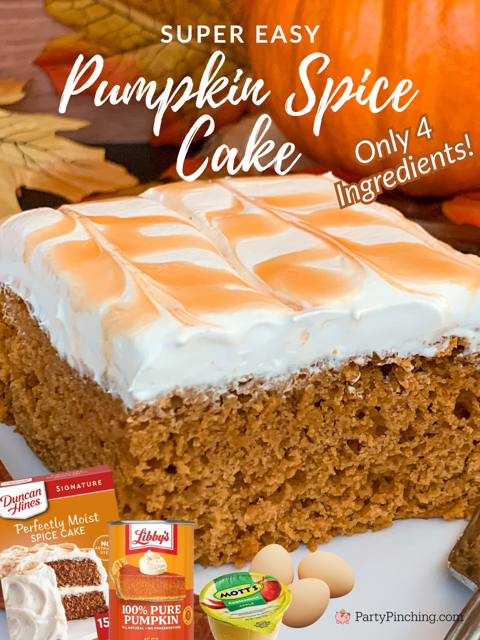 super easy pumpkin spice cake recipe, best easy pumpkin spice cake, 4 ingredient pumpkin spice cake, 5 minute prep pumpkin spice cake, easiest best pumpkin spice cake moist, spice cake mix can pure pumpkin applesauce eggs, pumpkin pie cake recipe with caramel and whipped cream